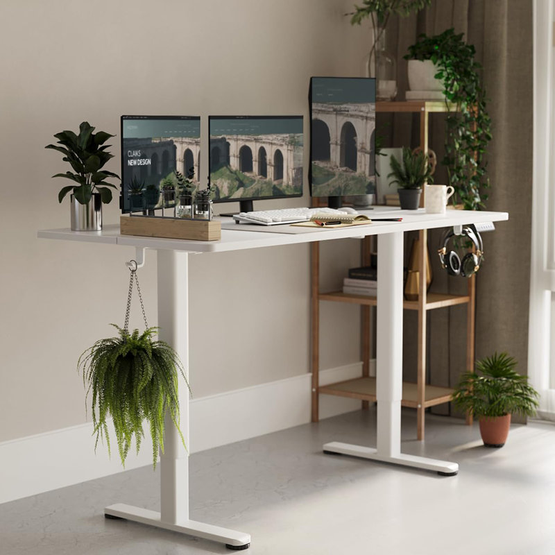 Electric Height Adjustable Standing Desk with Hooks, White/White, 46.5" H x 40" W x 24" D