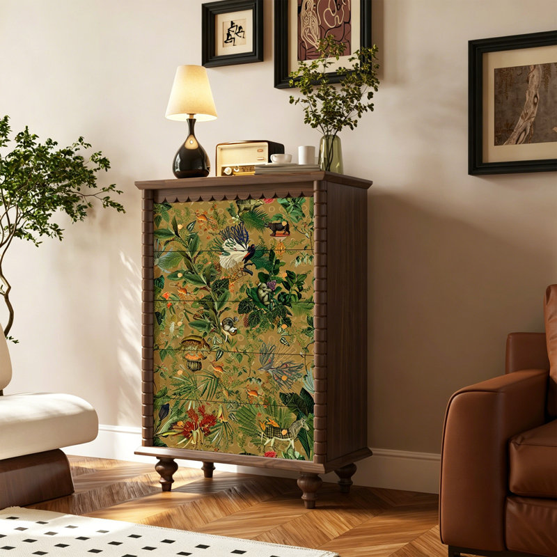 Commode 5 tiroirs en bois massif pour le salon, Noyer