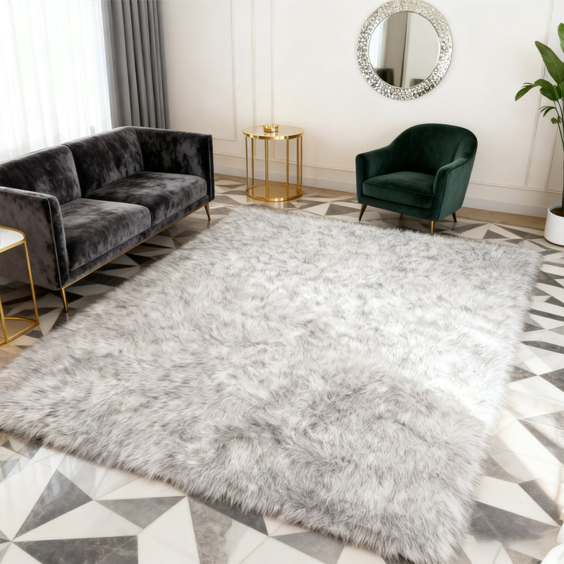 Plush Faux Sheepskin White Rug, Rectangle 4' x 6'