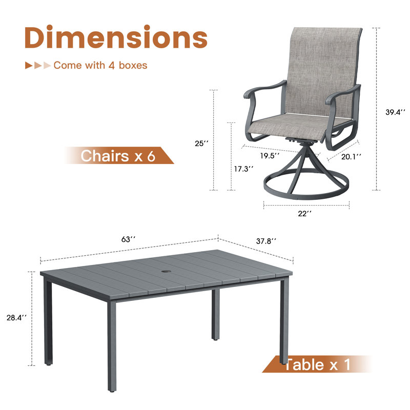 Ensemble repas d'extérieur 63 "avec table de salle à manger rectangulaire et 6 chaises de salle à manger pivotantes PVC-coated polyester