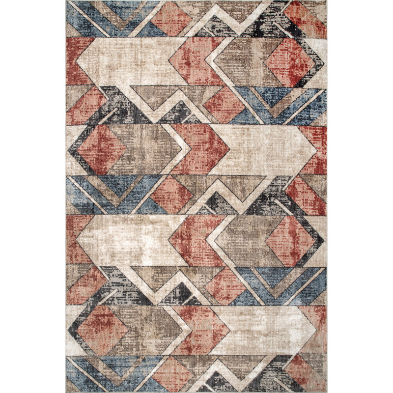 Tapis géométrique ivoire / rouge / brun, Rectangle 5 pi 3 po x 7 pi 7 po