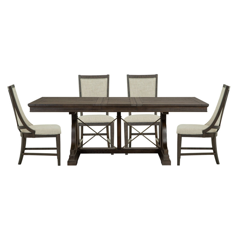 Extendable Trestle Dining Table With 2 Upholstered Side Chairs And 2 Host Chairs, 5 Pieces: Table, 4 Chairs