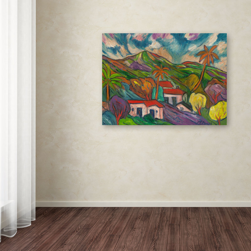 «Tropical Valley with Three Palms» par Manor Shadian - reproduction d'art sur toile tendue, H 14 po x l 19 po x P 2 po