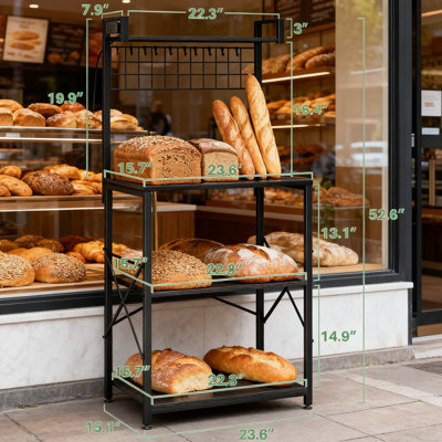 Étagère de boulanger avec prise de courant intégrée, support à micro-ondes de cuisine à 4 niveaux avec grille grillagée et 10 crochets pour le café et le rangement