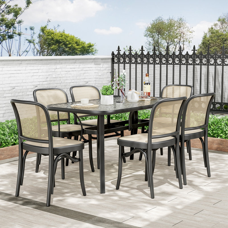 Patio Outdoor Table W/ 1.69″  Umbrella Hole, 30"x 55" Rectangular Tempered Glass Patio Dining Table For 6,  Outdoor Metal Furniture, All-weather Use, For Patio, Garden, Backyard, Poolside(black)