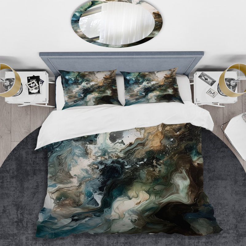 Ensemble de housse de couette en microfibre / polyester vert et noir Inner Worlds of Marble III Bedding