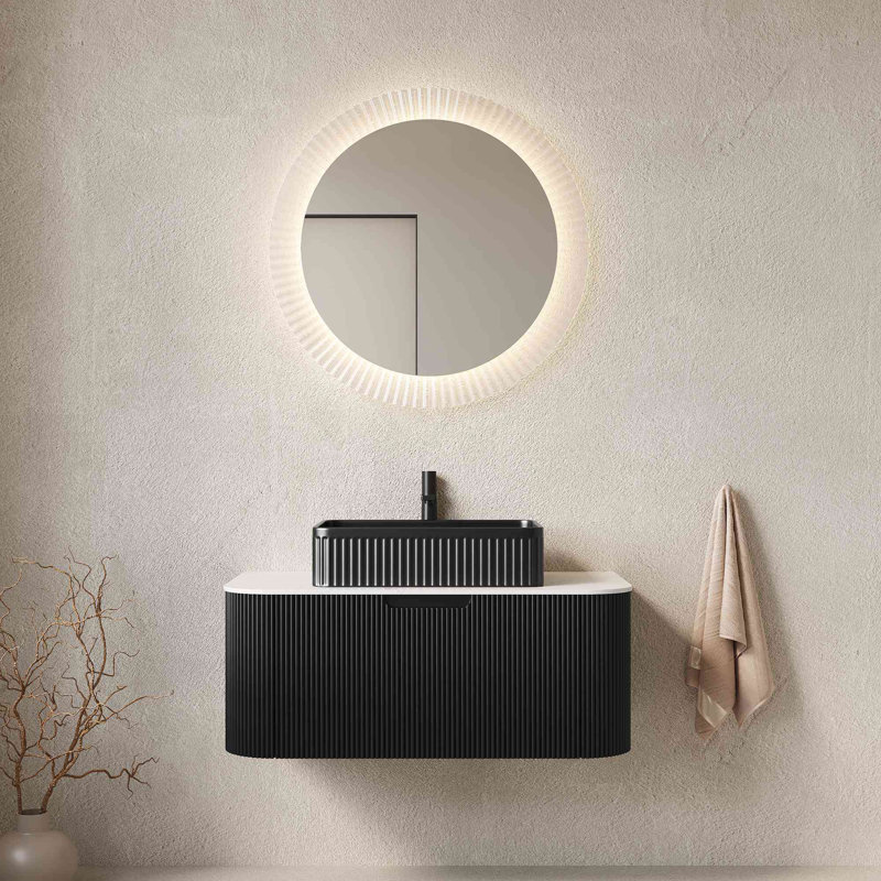 Meuble-lavabo de salle de bain 36 po avec lavabo, meuble de rangement mural à bordures courbes et flottantes avec tiroir, lavabo rectangulaire en céramique noire, sans robinet, pré-assemblé