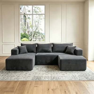 92.5" Modular Boneless Sectional Compression Sofa, U-shaped Modern Corduroy Couch Set No Assembly Required
