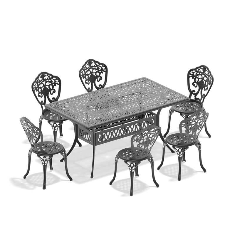 Ensemble de salle à manger 7 pièces en aluminium coulé, cadre noir, coussin antibruit, intempéries, 6 sièges, noir, revêtement haute température, 6 pièces, table rectangulaire