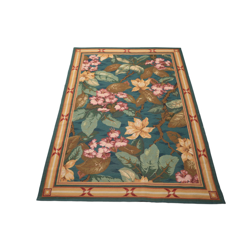 Tapis traditionnel bleu en laine tissé à la main 6 pi x 8 pi 10 po Aubusson
