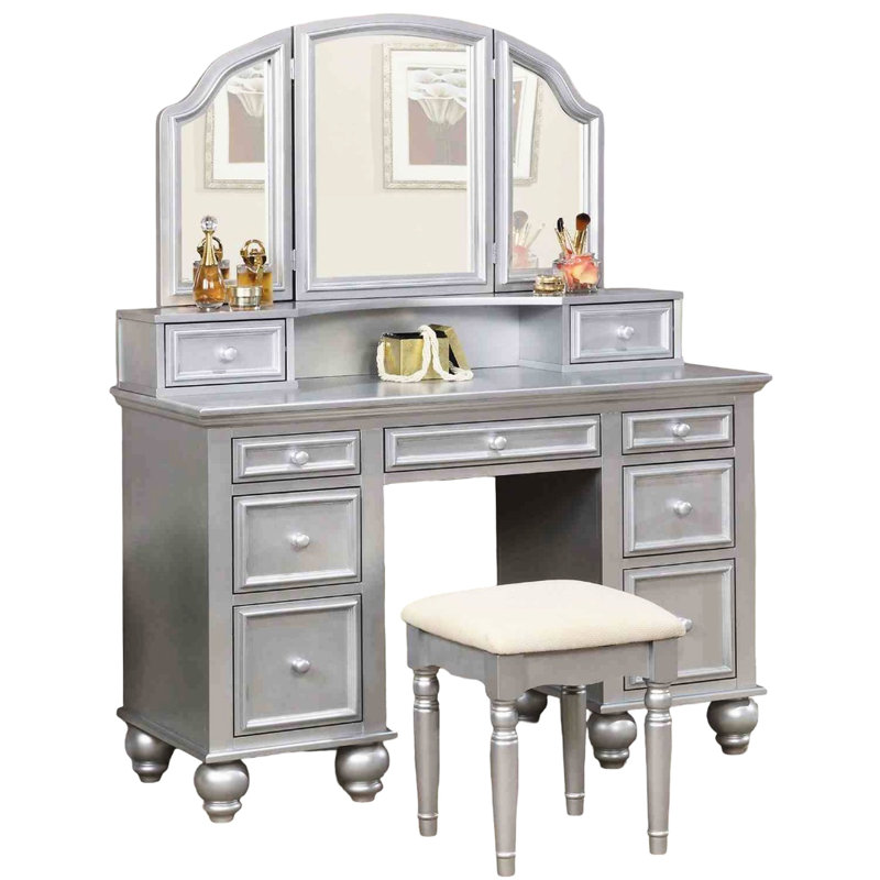 Chambre à coucher - Meuble-lavabo et tabouret 1Pc convenable, design transitionnel, couleur argent, miroir à 3 côtés, rangement en bois massif avec style, coloris, tiroir