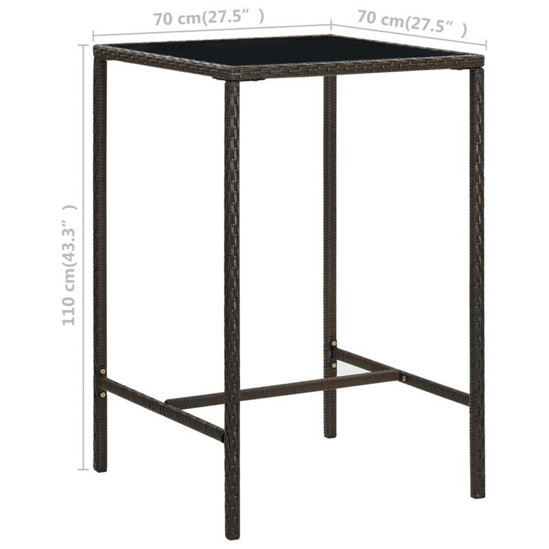 Bar Table Outdoor Pub Counter Height Table with Glass Top PE Rattan, Brown, 27.6" L x 27.6" W x 39.4" H