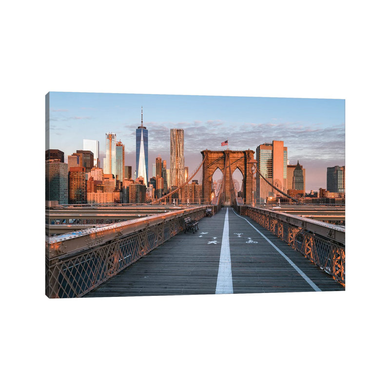 Brooklyn Bridge And Lower Manhattan Skyline At Sunrise, New York City, USA by Jan Becke - Wrapped Canvas Print