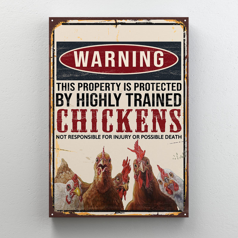 «Curious Roosters» - Avertissement que cette propriété est protégée par des poulets hautement qualifiés qui ne sont pas responsables des blessures ou de la mort possible - 1 reproduction d'art graphique sur toile tendue