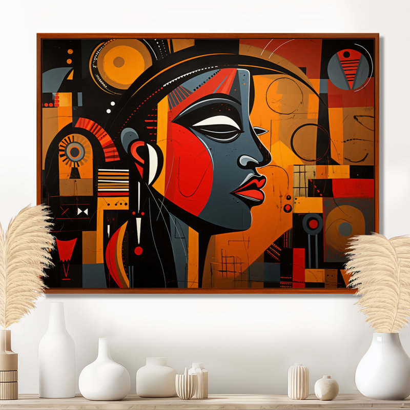 Portrait contemporain, collage géométrique - art mural africain, salon, Cadre flottant brun, H 24 po x l 32 po x P 1 po