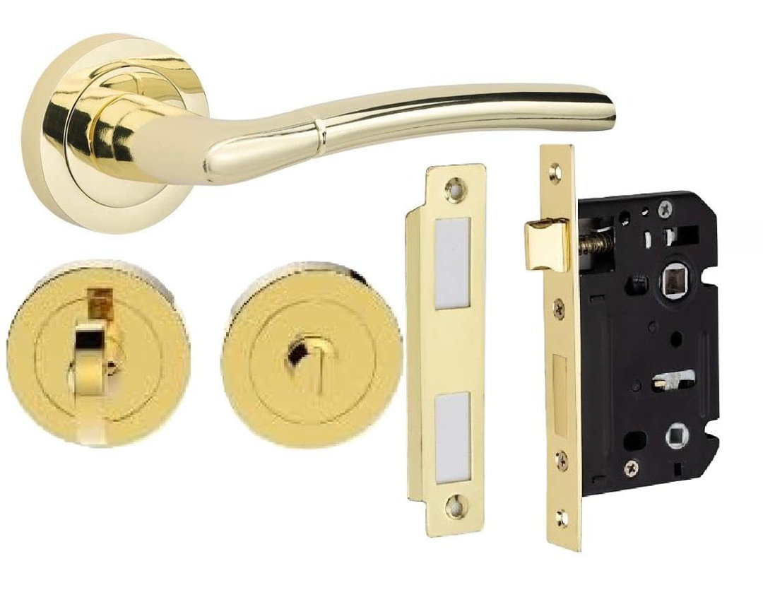 Golden Grace Indiana Design Bathroom Classic Door Handles Set in Polished Brass Finish with Thumbturn & Mortise Lock