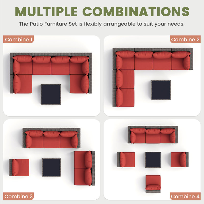 Ensemble de conversation de patio 7 pièces avec table basse et coussins, Rouge