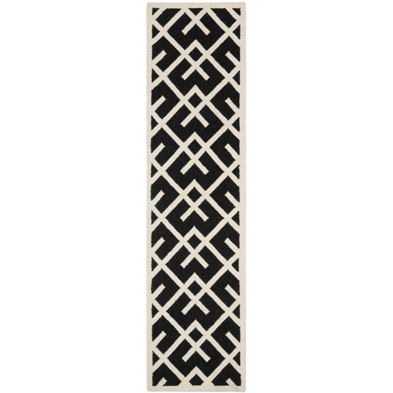 Rodgers Hand Woven Flat Weave Wool/Cotton Geometric Rug in Black/Ivory, Runner 2'6" x 6'