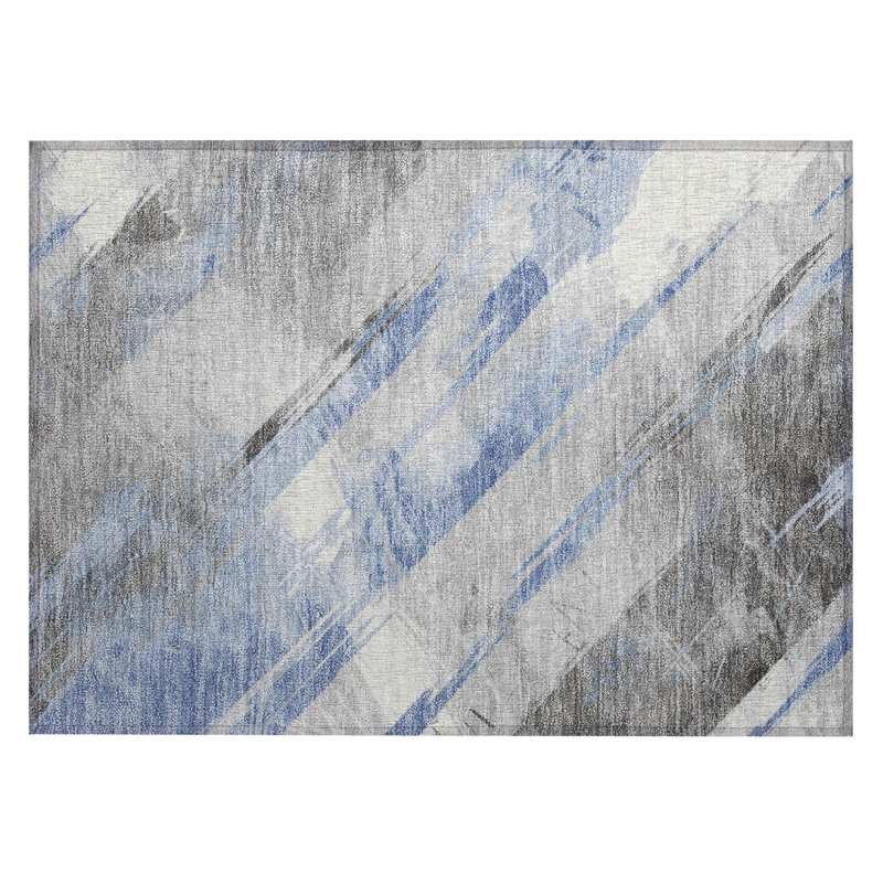 Sky Blue and White Striped Synthetic Washable Rug 20" x 30"