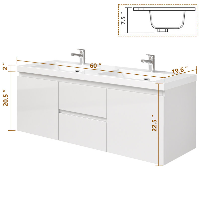 Meuble-lavabo flottant 60 po avec lavabo double encastrable 60 po - blanc moderne brillant avec tiroirs et portes de rangement