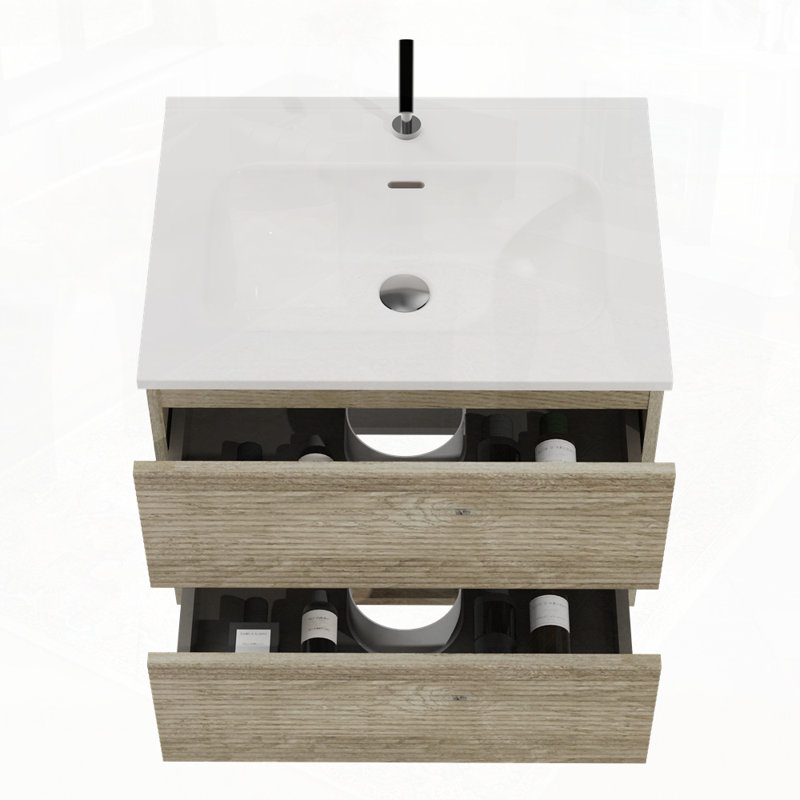 Wall Mounted Bathroom Vanity with Integrated Ceramic Sink with Overflow, Oak