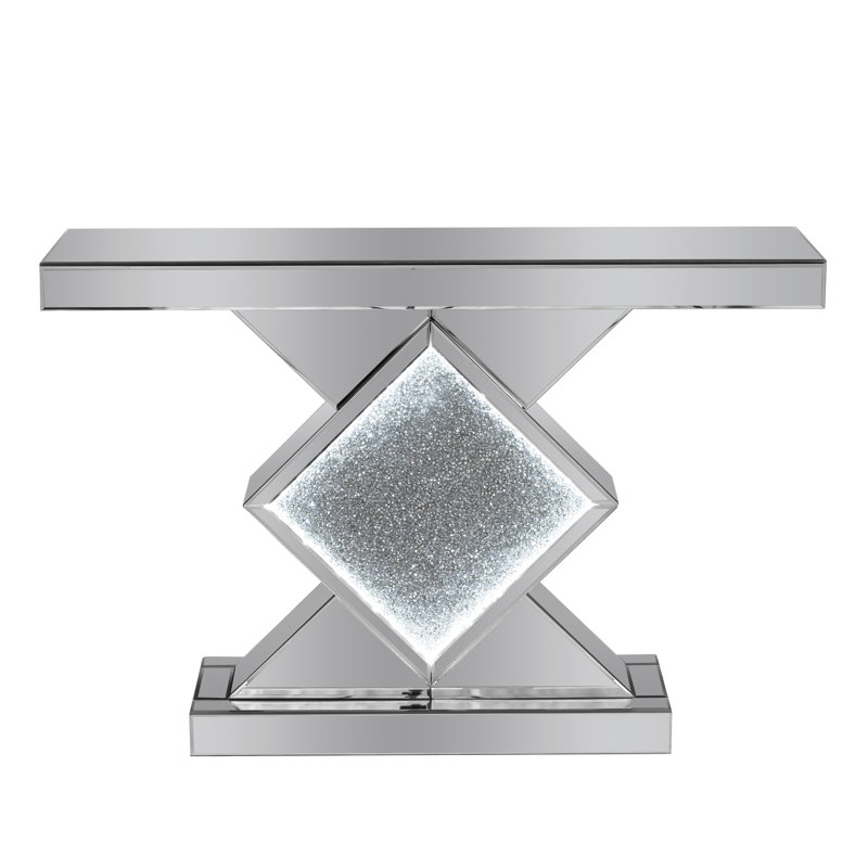 Rillamas LED Lighting Mirrored Console Table Crushed Diamond Inlay