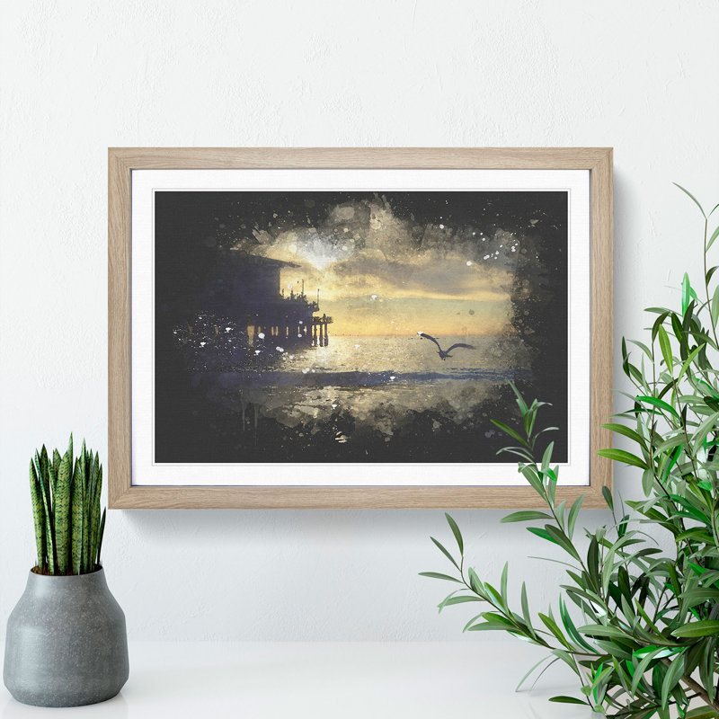 Seagull by The Pier Paint Splash - Picture Frame Graphic Art, Oak, 65cm H x 90cm W x 2cm D