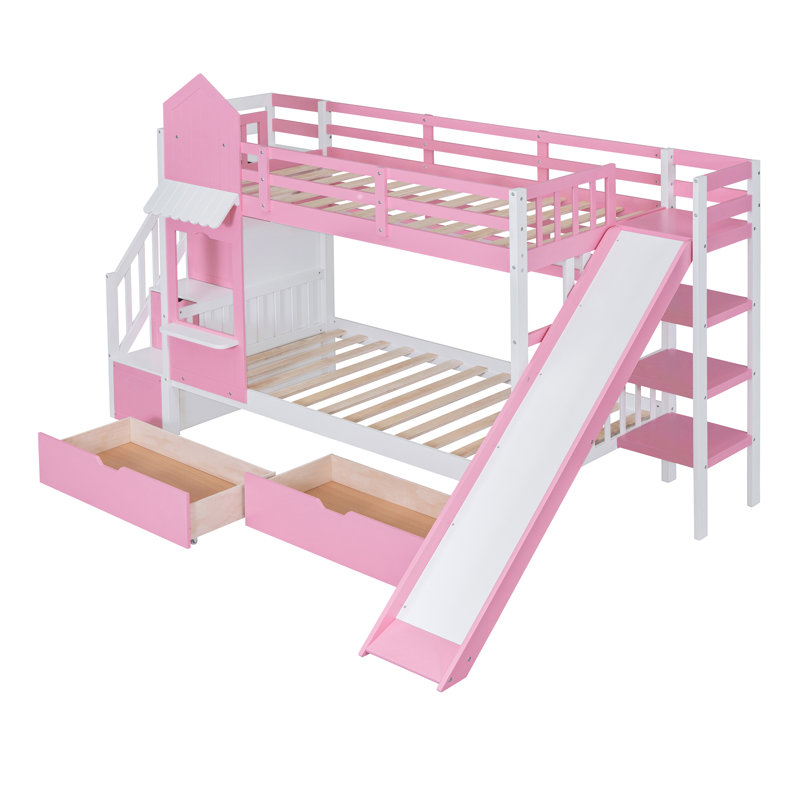 Lit superposé simple au-dessus d'un lit simple de style château de 106,3 x 76,6 x 72,8 pouces en bois de pin massif rose avec 2 tiroirs et 3 tablettes