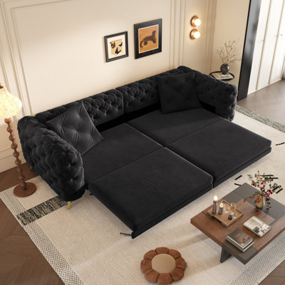 Canapé-lit convertible 3 en 1 avec siège profond, capitonnage à boutons et repose-pieds mobile pour une utilisation polyvalente dans les appartements et les bureaux