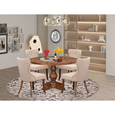 5-Pc Dining Set consists of a Pedestal Kitchen Table and 4 Light Tan Linen Fabric Dining Chairs with Button Tufted- Antique Walnut
