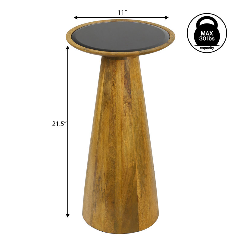 Table à boissons ronde en bois de manguier moderne de 21,5 po avec plateau en verre noir et base en cône de finition naturelle Linden