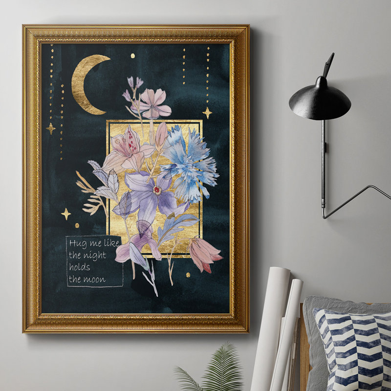 " Moonlight Flowers III ", 27" H x 18" W x 2.5" D, Vintage Gold Bronze Framed Canvas