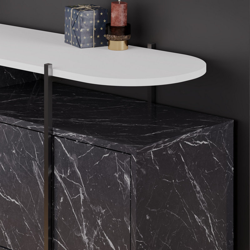 Modern Console Table with Soft-Close Hinges, White & Bendir Finish, 59.1 x 33.9 x 15.0 inches | 100% Melamine Coated Particle Board, Thickness: 0.7 inches | Push to Open Doors | Elegant Marble Concept Design for Living Room