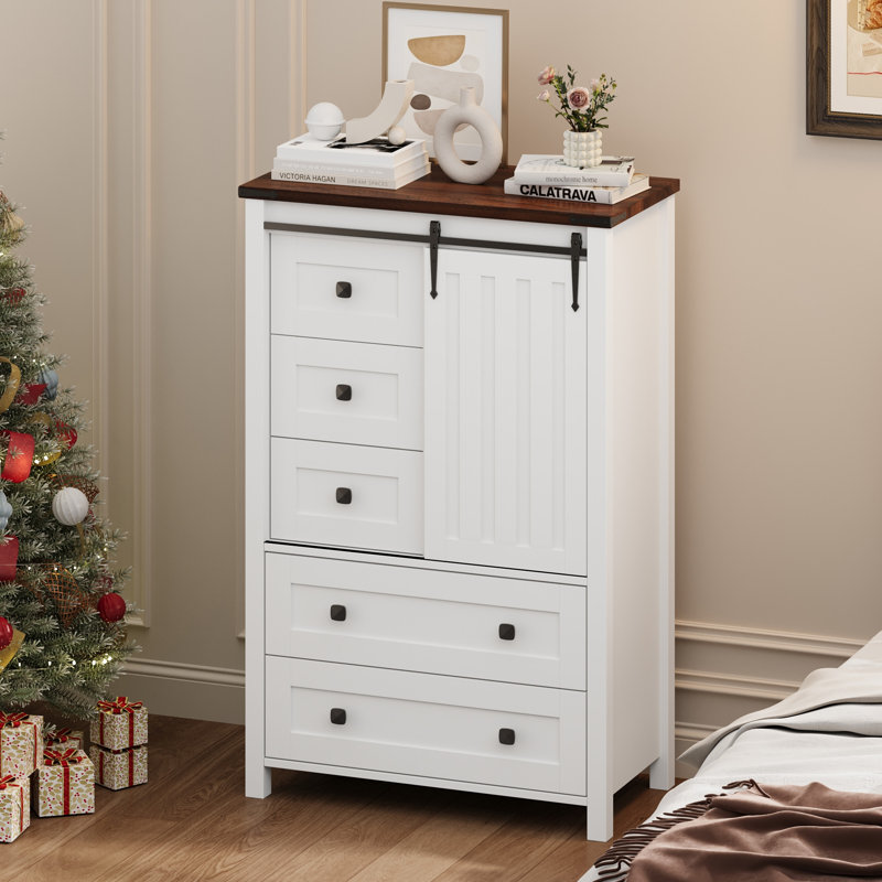 Commode de ferme à 5 tiroirs avec porte de grange coulissante, grande commode avec tablettes réglables, Blanc