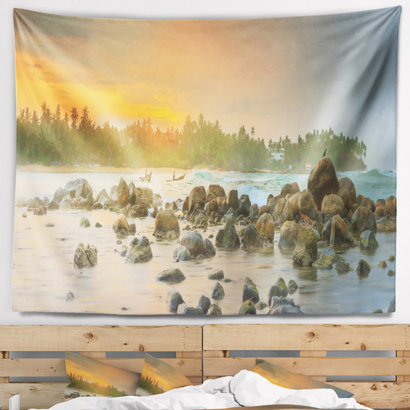 Paysage, plage romantique, tapisserie, tapisserie, sri lankais, H 50 po x l 60 po