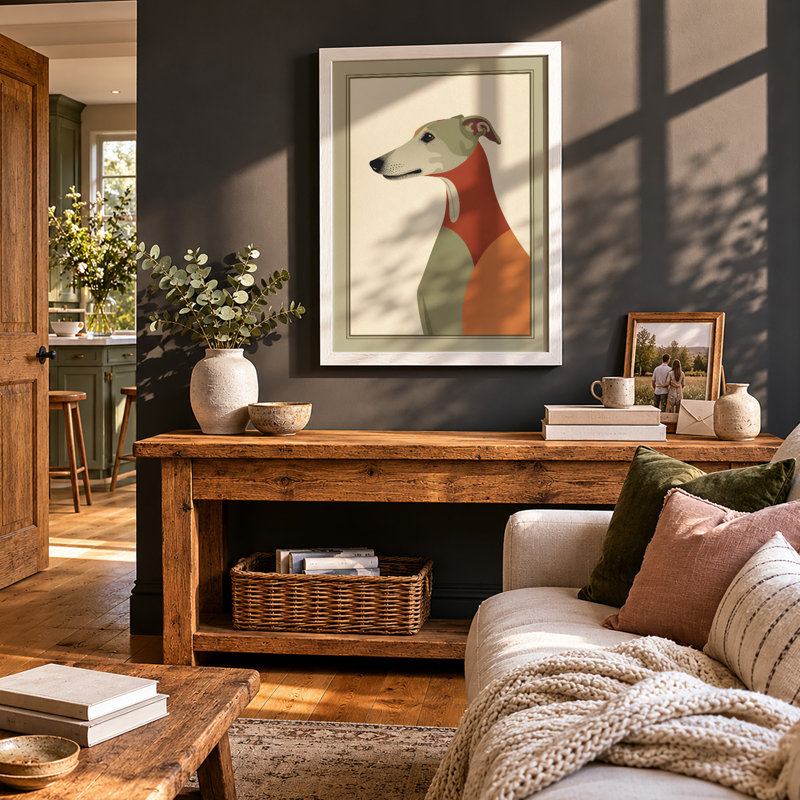 Greyhound in Geometry Mid-Century - Framed Print, A2 - 59.4 x 42.0 cm, White