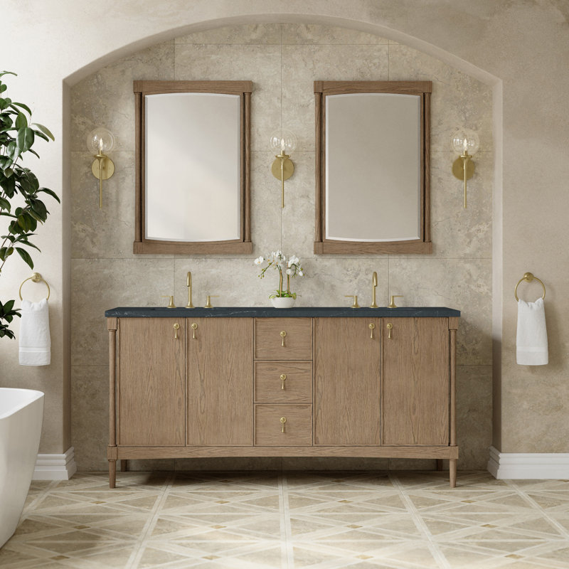 Kinnsden 72" W Double Vanity, Weathered Oak, Charcoal Soapstone Silestone