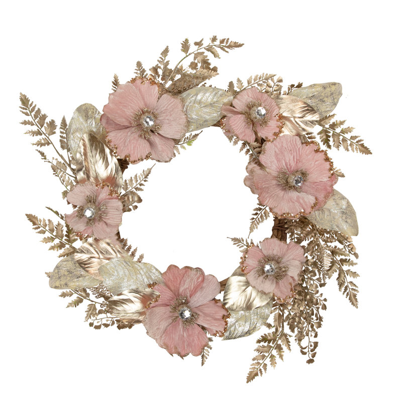 Champange and Pink Flower Wreath 24-Inch Unlit