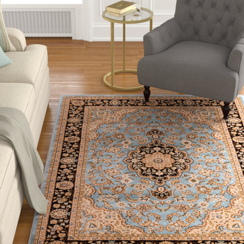 Belliere Medallion Kashan Light Blue Traditional Rug, Rectangle 5'3" x 7'3"