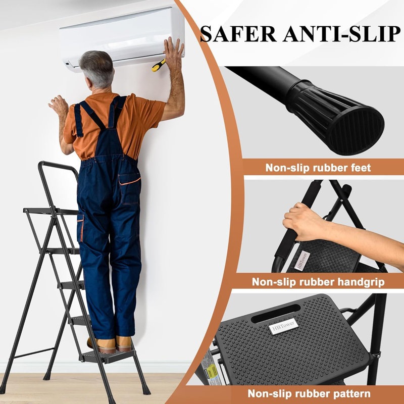 Folding Step Stool With Wide Anti-Slip Pedal, Sturdy Steel Ladder, Convenient Handrail, Lightweight, Portable Steel Step Stool