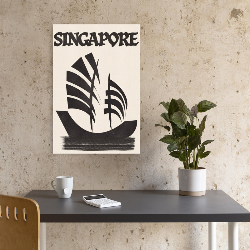 Singapore Junk Sail Minimalist Retro Traditional City Ocean Wall Art Print 1 Piece Wrapped Canvas Wall Art