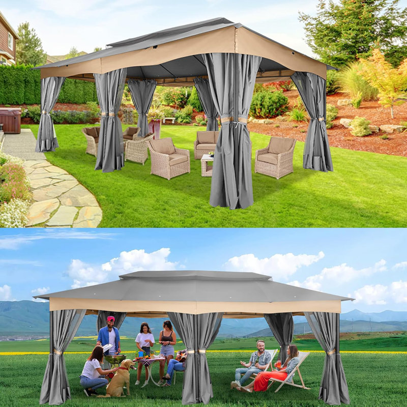 12x20ft Heavy Duty Gazebo with Metal Steel Frame Sturdy Tent with Privacy Curtain and Mosquito Netting Outdoor Gazebo for Garden, Lawn, Backyard, Garage
