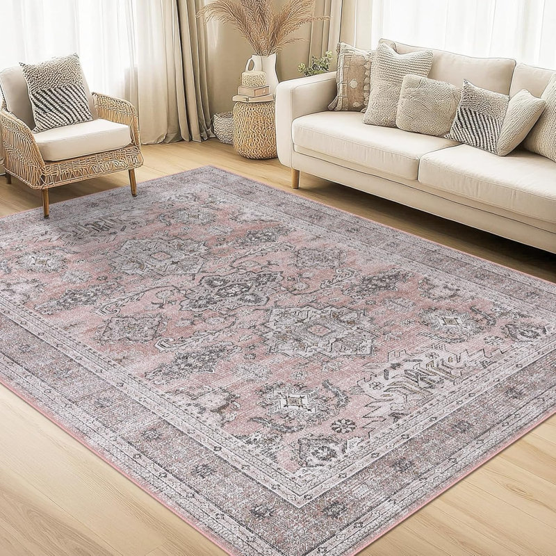 Washable Rugs Nursery Distressed Vintage Office Carpet Oriental Home Decor Low Pile Neutral Soft Area Rug Non Slip Farmhouse Floor Cover Pink 5'x7'
