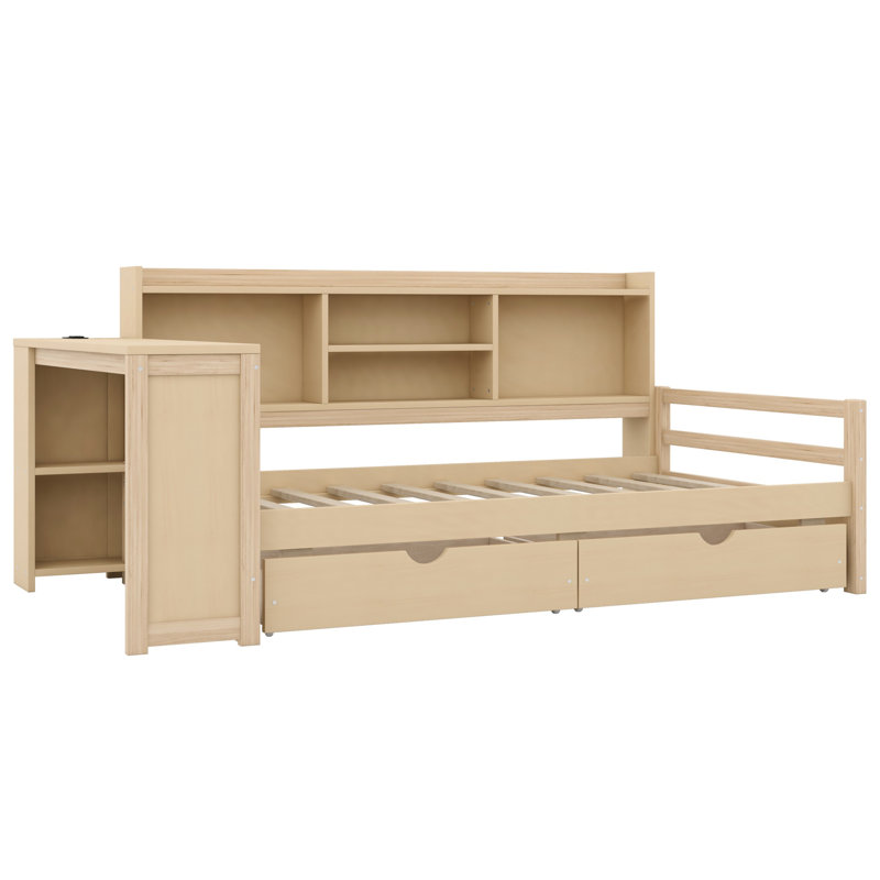 Multi-Functional Corner Daybed Featuring Storage Drawers, Desk, Charging Port, Natural