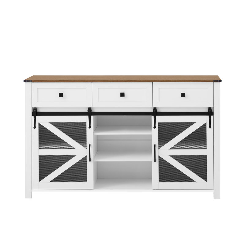 55'' Industrial Sliding Barn Door Sideboard with 3 Drawers, Adjustable Shelves, Metal Mesh & Particleboard Cabinet, White