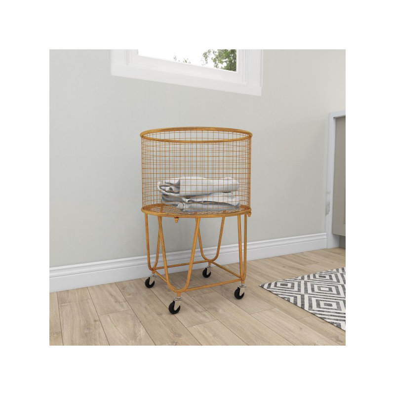 Metal Deep Set Rolling Mesh Laundry Basket Storage Cart, Gold