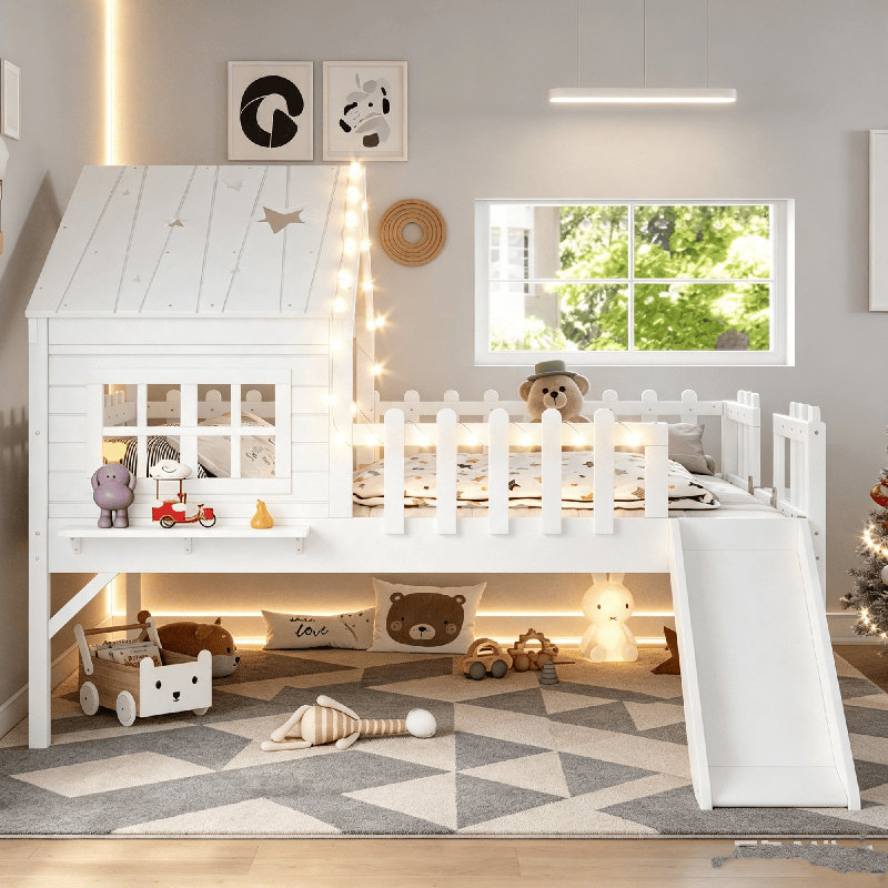 Lit mezzanine House, lit mezzanine en bois avec glissade, lumières DEL et fenêtre, lit maisonnette, lit d'enfant Playhouse, aucun sommier nécessaire, cadre de lit mezzanine Playhouse pour petite chambre d'enfant