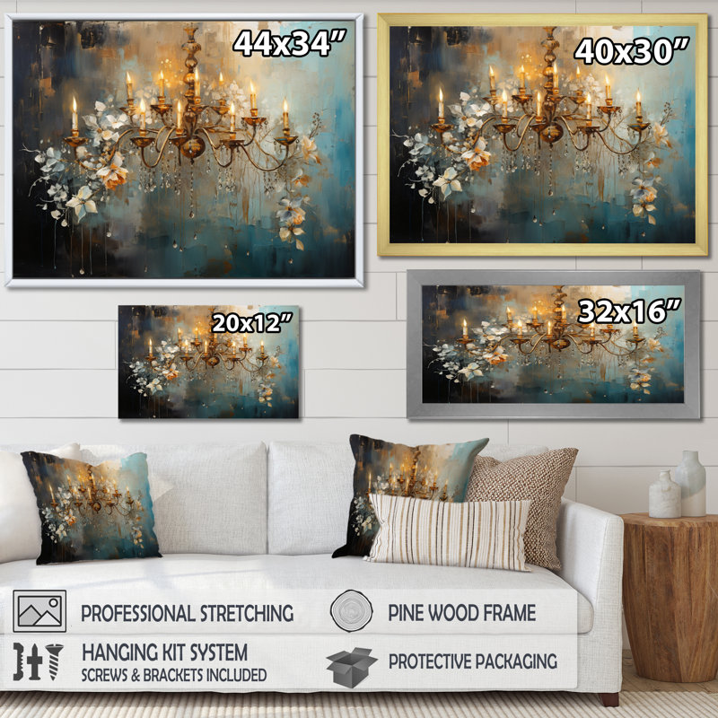 «Chandelier Whispering Luminescence Pointillism» sur toile, Cadre flottant noir, H 24 po x l 32 po x P 1 po