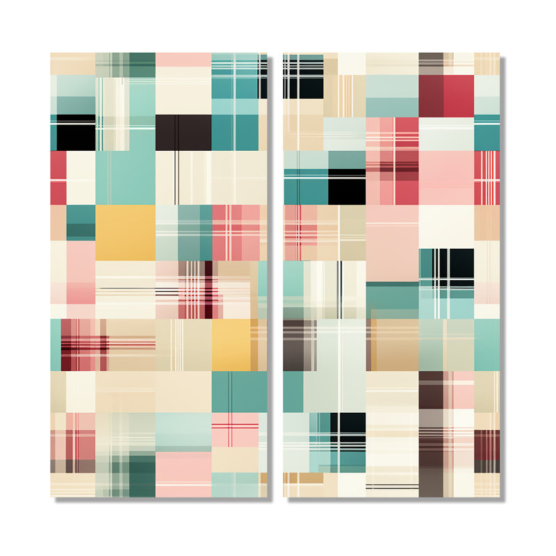 Motif rétro à carreaux pastel 2 pièces, H 32 po x l 32 po, Toile tendue sur cadre, Ne s’applique pas