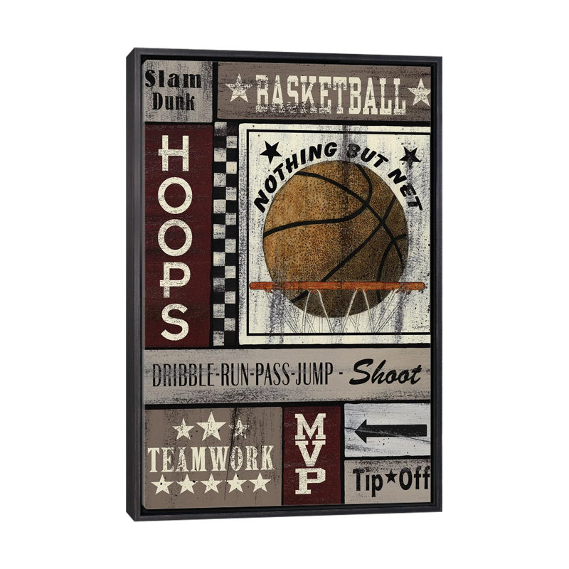 Basketball Hoops par Linda Spivey - impression d'art graphique, H 26 po x l 18 po x 1,5 po, Toile avec cadre noir patiné